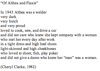 "Of Althea and Flaxie" Cheryl Clarke poem